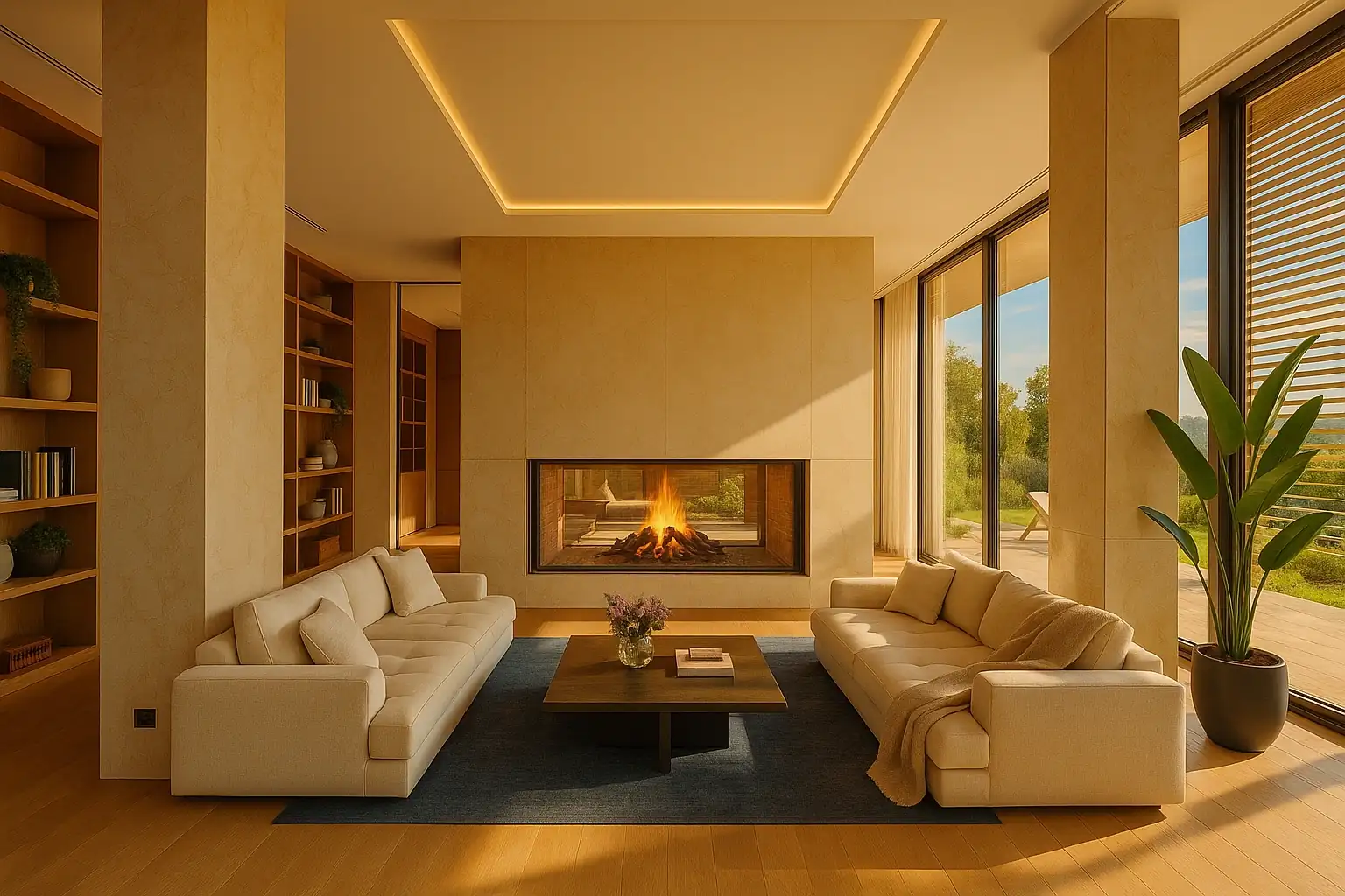 Luxury living room with modern fireplace and panoramic windows | RealSky Group Bratislava